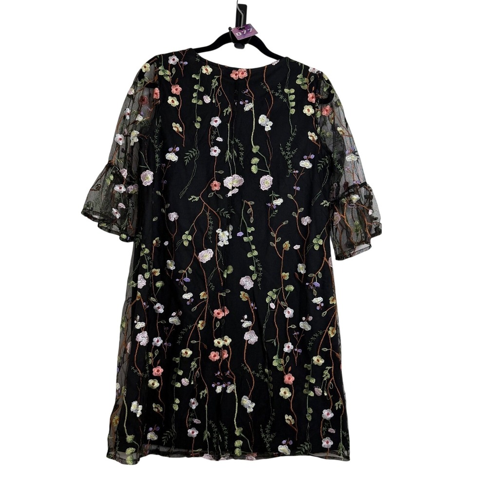 Spense NWT Black Floral Embroidered Mesh Bell Sleeve Dress Women's Size 10 - Picture 4 of 4